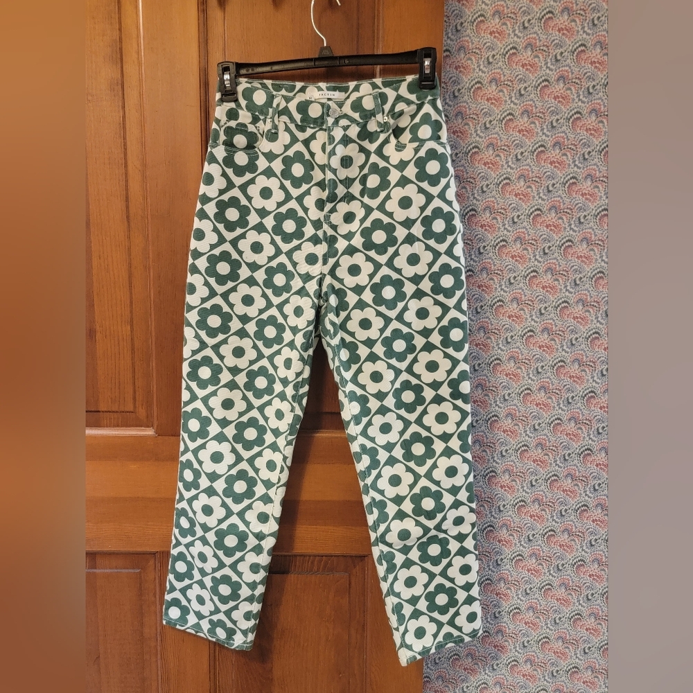 PacSun High Rise Straight Jeans Green White Retro Floral Checkerboard Size 28